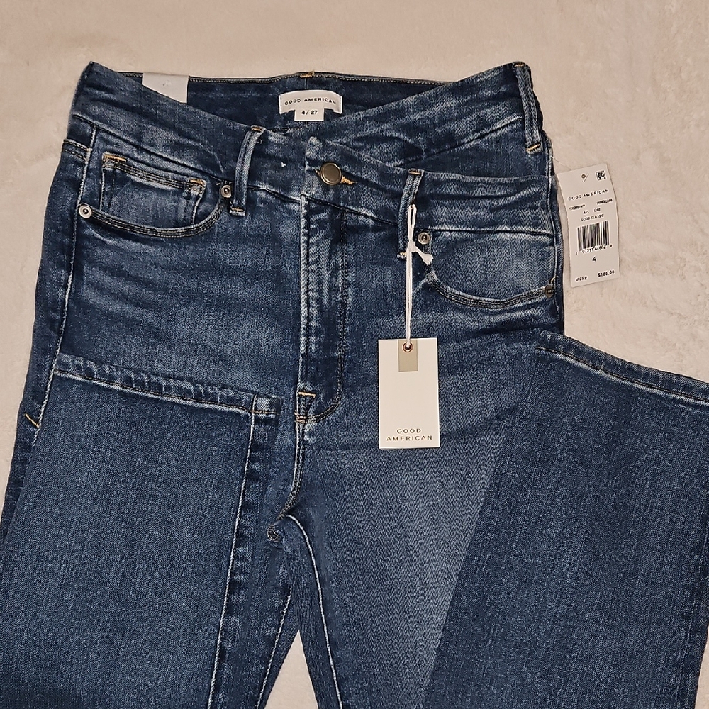 Good American High Rise Criss Cross Front - Dark Blue Jeans